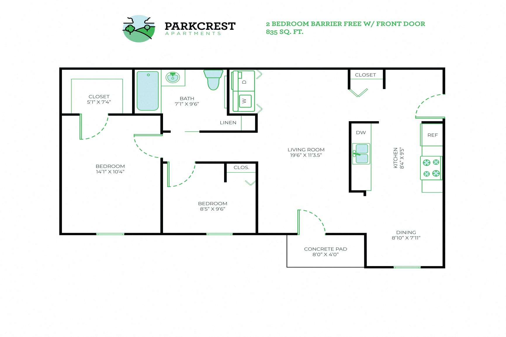 Floor plan for 2 beds, 1 bath, 835 sqft